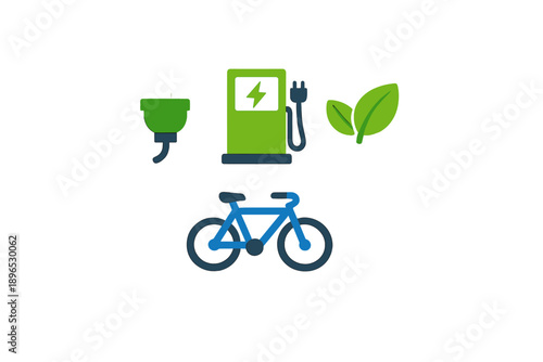 Electric bike recharge station with eco-friendly symbols and bicycle representing sustainable transport options