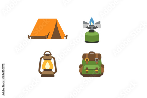 Camping gear features tents, a lantern, a stove, and a backpack suitable for outdoor adventures during the day and night