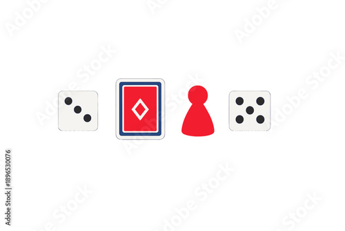 Different game pieces are displayed on a plain white background and they include two dice, a game card, and a red player token used in board games