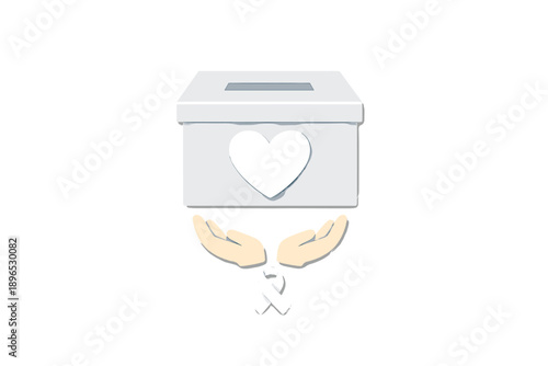Donation box with heart symbol and hands created for raising awareness about health issues and support for charity initiatives during community events