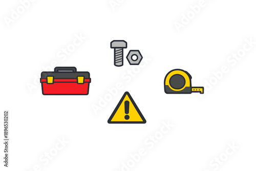 Tools and safety signs are placed together showing items needed for repair and construction work in a home setting