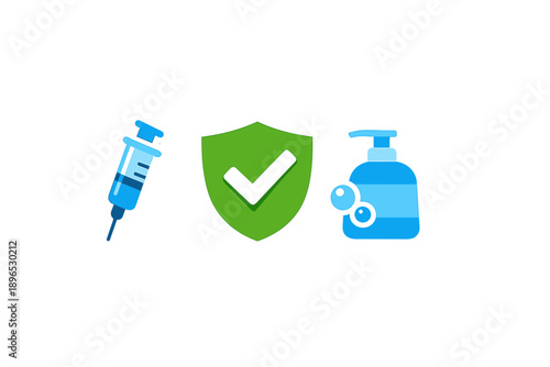Health measures include a syringe symbol, a shield with a check mark, and a bottle of sanitizer, representing safety during a health initiative