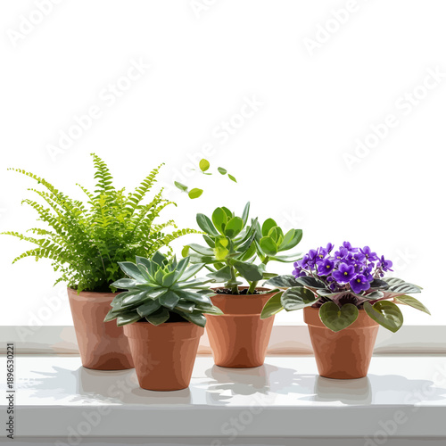 Variety of potted plants on a sunny windowsill