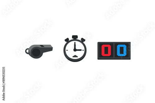 Whistle, stopwatch, and scoreboard in a sports setting during a game to track time and score