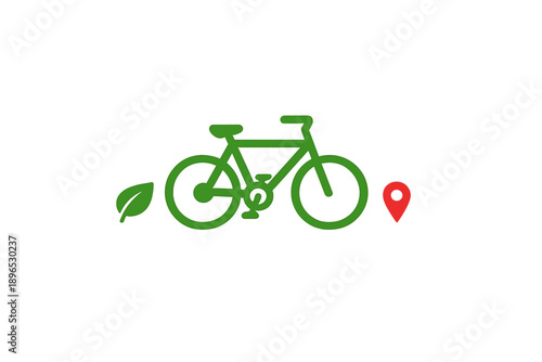 Bicycle with leaf and location marker shows eco-friendly travel and outdoor activities in a recreational area