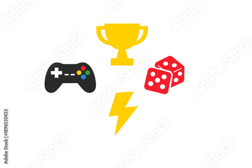 Gaming symbols are shown including a game controller, trophy, and dice in a playful arrangement during a fun event