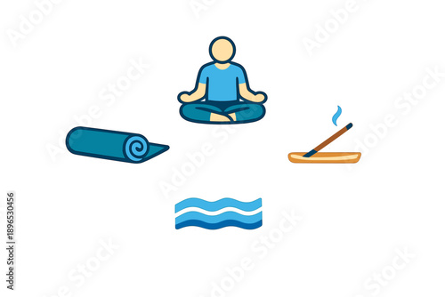 Yoga practice with mat, incense, and water symbols reflecting mindfulness and relaxation at a peaceful setting