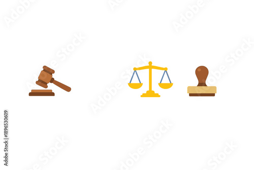 Legal symbols show court process with gavel, paper, scales, and stamp to represent justice and law in action