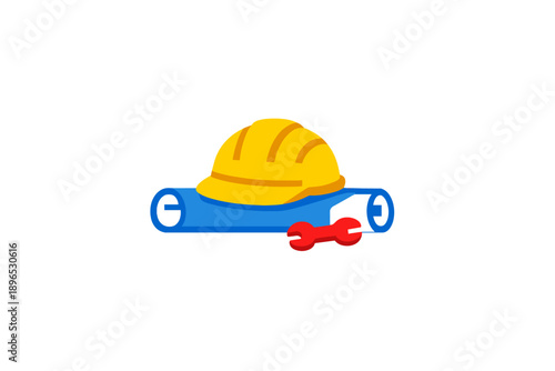 Construction tools and safety equipment on a worksite with a hard hat, wrench, and blueprint representing building tasks and planning activities