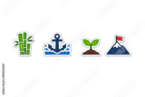 Various symbols representing nature, water, growth, and mountains as part of visual communication in a simple and clear design