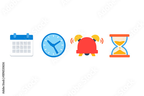 Different time and date symbols show time management tools for planning and organizing daily tasks throughout the day for better productivity