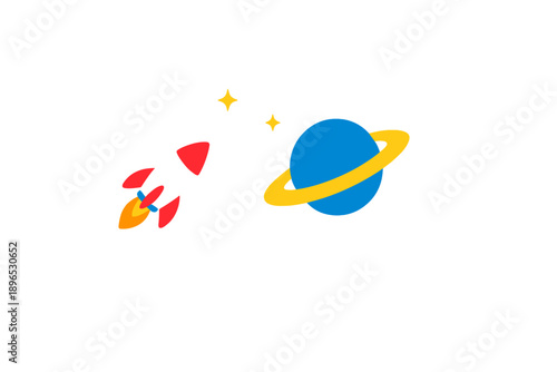 Rocket flies toward planet in night sky with stars shining brightly and showcasing a simple space theme in a colorful design