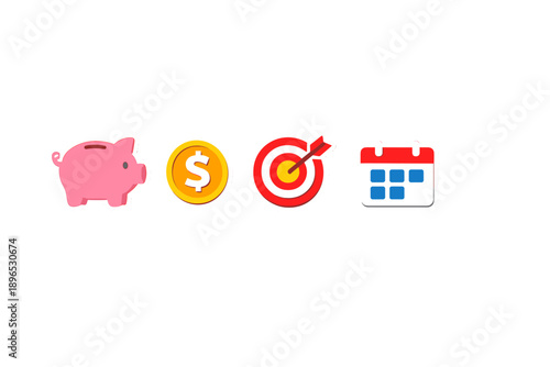 Budgeting and savings symbols with dollar signs, targets, and calendars that indicate financial planning and goal setting