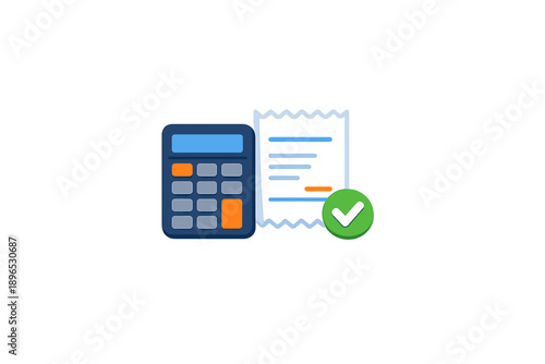 Calculator and receipt with checkmark for confirming completed calculations and transactions in a basic financial setting