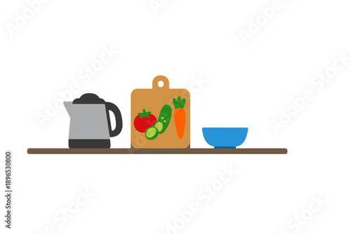 Cooking setup in a kitchen with a kettle, chopping board, vegetables and a bowl ready for preparation in the afternoon light