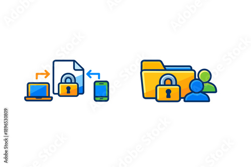 Security icons showing file protection and user privacy with laptop, phone, and folder in different designs and colors