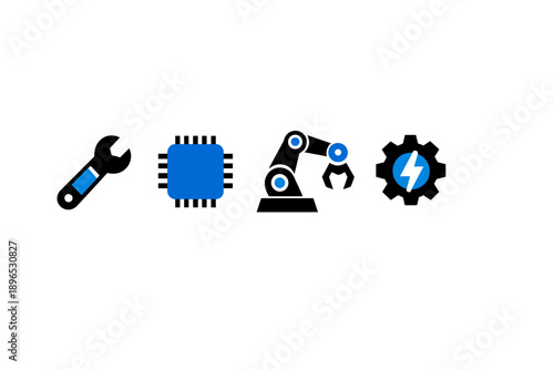 Tools and symbols of technology showing a wrench, microchip, robotic arm, and gear with a bolt at a workspace related to engineering