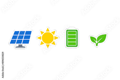 Solar energy icons show solar panel, sun, battery, and leaf to represent clean energy sources in an educational context