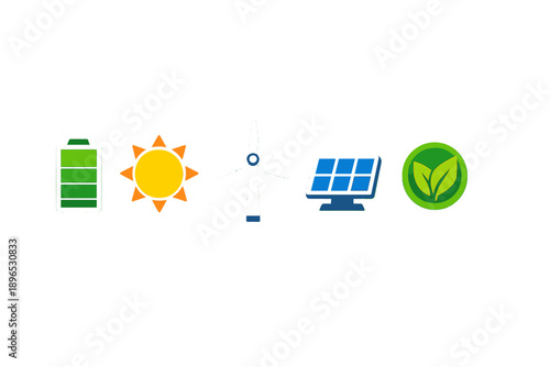 Energy icons show renewable resources with wind, solar, and battery symbols for sustainable power generation and environmental care