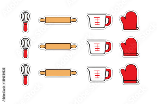 Different kitchen tools and utensils arranged in a neat layout on a plain background showing rolling pins, measuring cups, whisks, and oven mitts for baking tasks