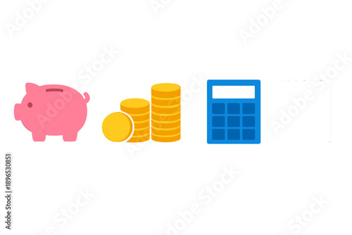 Concept of saving money using a piggy bank, coins, calculator, and receipt on a white background showing personal finance management