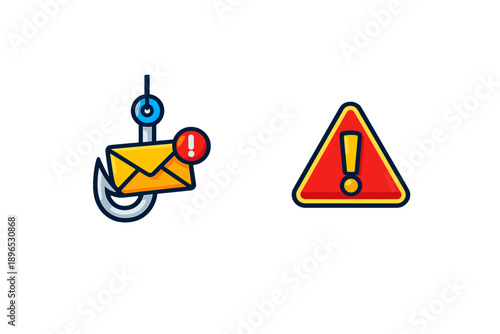 Drawing shows a hook with an envelope and a warning sign representing email phishing threats and online scams to raise awareness in digital safety