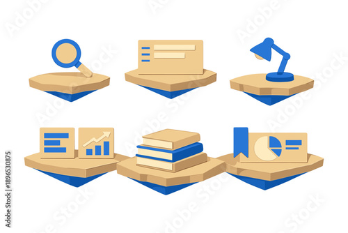 Icons represent research, study, and data analysis activities commonly seen in educational settings and workspaces