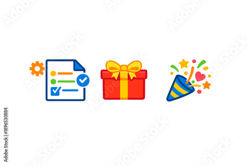 Colorful icons show planning, gifts, and celebration during an event or occasion with items related to organization and enjoyment
