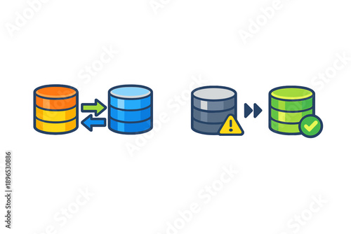 Data migration process showing transfer between databases with warning and completion indicators for clarity in operations and status updates