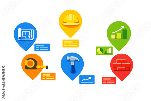 Construction tools and symbols displayed in colorful icons represent different aspects of building and project management in a digital format