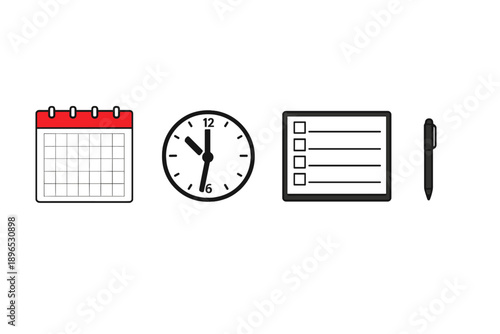 Planning tools are shown with a calendar, clock, checklist, and pen illustrating time management and organization for daily tasks and events