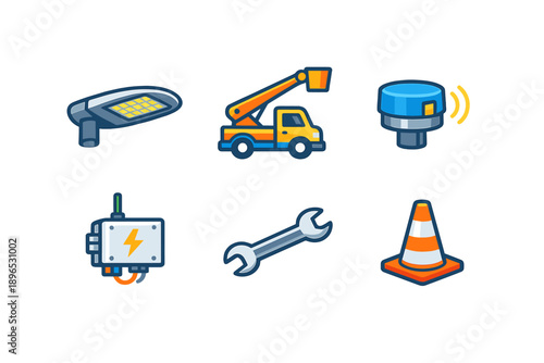 Construction and maintenance tools are shown together with vehicles and equipment needed for public works during the day