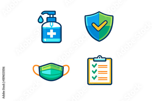 Hand sanitizer and face mask in a health safety setting with a checklist and badge, showing the importance of hygiene practices