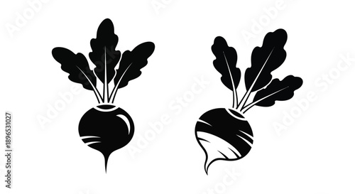 Two black radish root vegetables illustrated in a striking silhouette