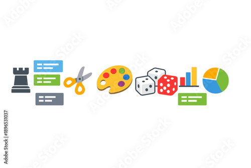 Various game and craft supplies are shown as symbols with tools and materials needed for group activities and projects