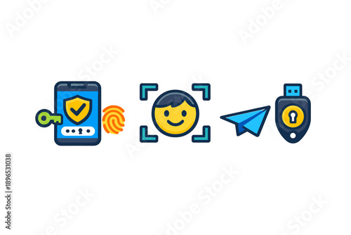 Digital security features shown with a smartphone, a face scanning symbol, a smiley face, a flying paper plane, and a locked USB drive indicating various ways to protect data