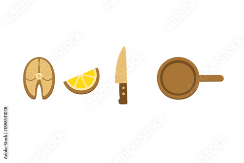 Fish slice with lemon, knife, and cutting board arranged on a kitchen counter during meal preparation for dinner at home