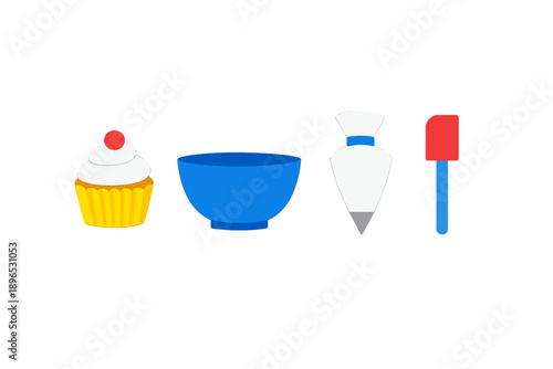 Different baking tools and a cupcake are shown on a white background in a simple layout that helps in learning about baking and preparing desserts for beginners