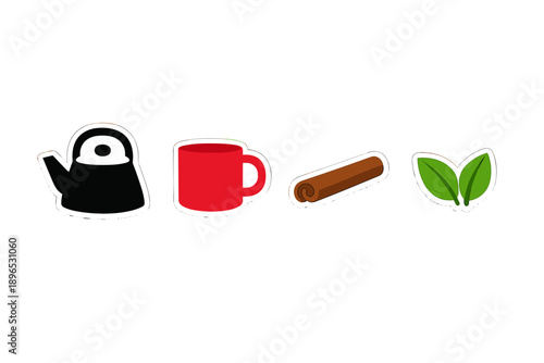 Making tea with a kettle, a red mug, a cinnamon stick, and fresh tea leaves for a warm beverage experience at home