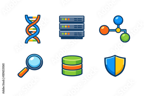 Various icons representing data science, genetics, and security in one graphic design layout used for educational or informational purposes