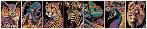 Set of five vibrant animal portraits with octopus, cheetah, zebra, chameleon, and peacock in a modern decorative style on black background.