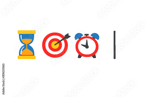 Different symbols show time management themes such as an hourglass, target, alarm clock, and digital timer to represent planning and productivity strategies