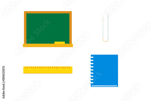 School supplies are arranged on a plain background showing a green chalkboard, a white pencil, a yellow ruler, and a blue notebook with spiral binding