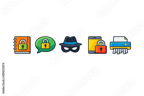 Illustration shows various security icons representing online safety, data protection, and privacy in digital communication and document handling