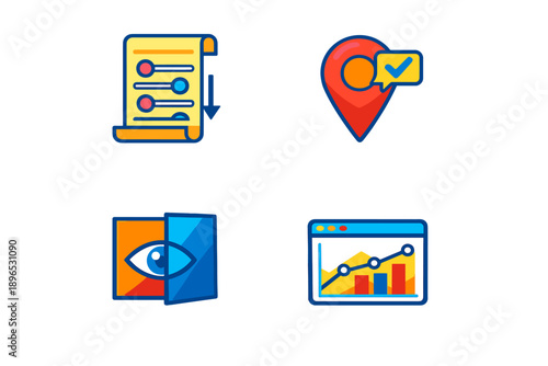 Icons representing data analysis, location tracking, and information viewing in a digital context