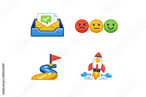 Icons representing digital communication, feedback, navigation, and innovation shown in a clear layout with bright colors and simple shapes during a modern design session
