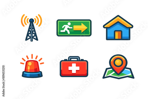 Emergency response symbols show communication, safety, and health services in a rescue situation