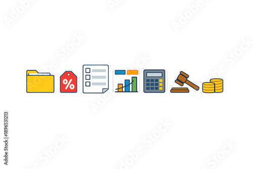 Different symbols used in finance, law, and accounting are arranged in a straight line showing various aspects of these fields