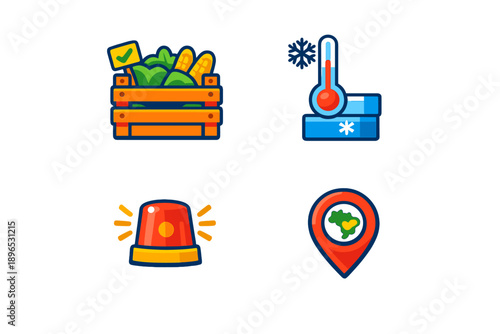 Icons represent different concepts like fresh produce, temperature control, alert signals, and location tracking relevant to food safety and delivery operations