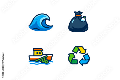 Recycling effort against ocean pollution with water waves, trash bags, boats, and recycling symbols showcased in a graphic layout